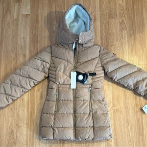 DKNY Girl’s Heavyweight Long Anorak Puffer Coat - Sherpa Lined - Toffee - 10/12